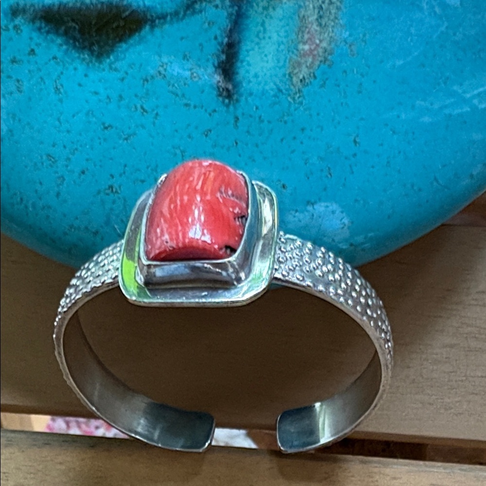 Vintage Mexican Sterling Silver Cuff With Coral Nugget.